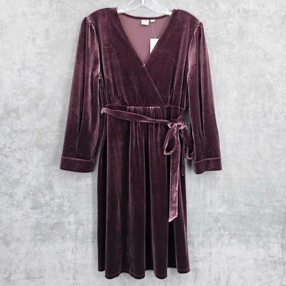 GAP Maternity Velvet Dress S Vamp Red Crossover Top Snap Tie Waist Surplice New